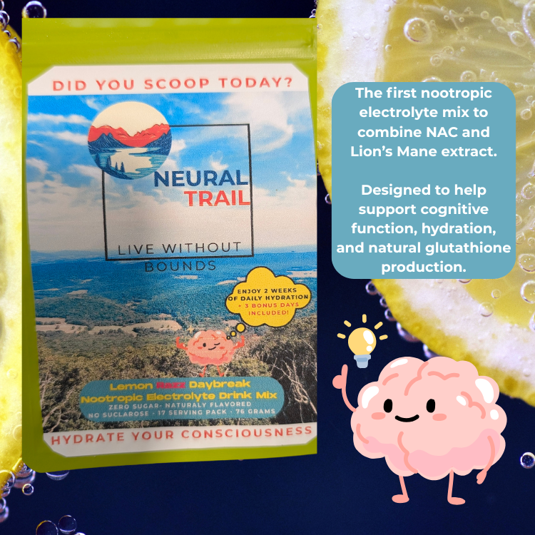Bag of Neural Trail on a background of a bush, bag states,  Did You Scoop Today at the time, catchline of Live without Bounds 

Mentioning NAC and Lions Mane 

2 weeks of daily hydration - with three bonus days included 

Lemon Razz DayBreak 