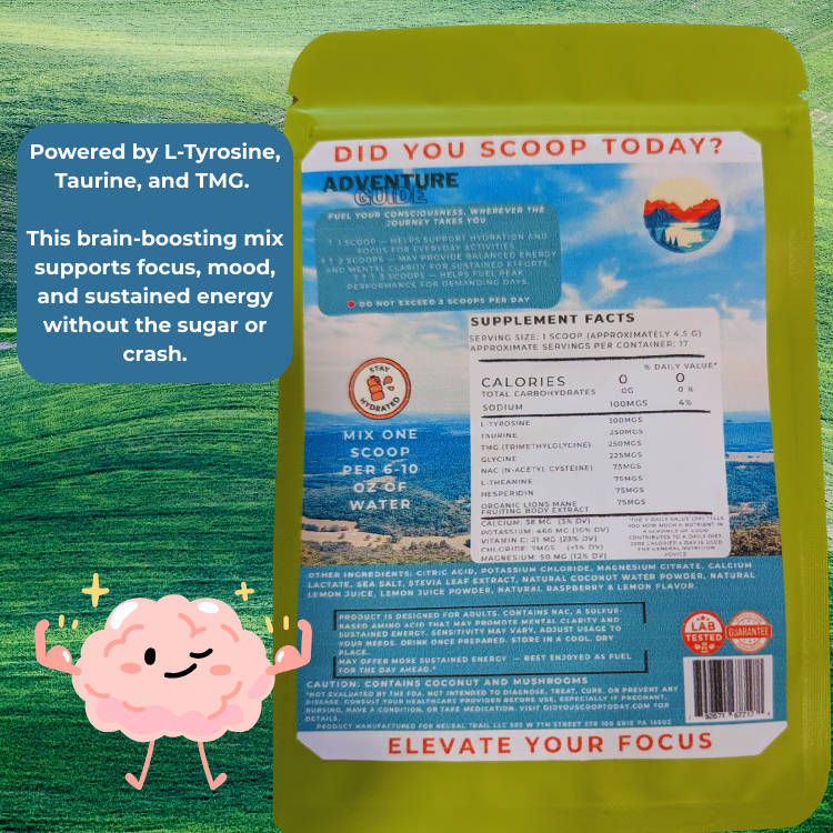 Background is of lemons - and showcases the back of the label saying "Did You Scoop Today" 

L-Tyrosine 
Taurine
TMG